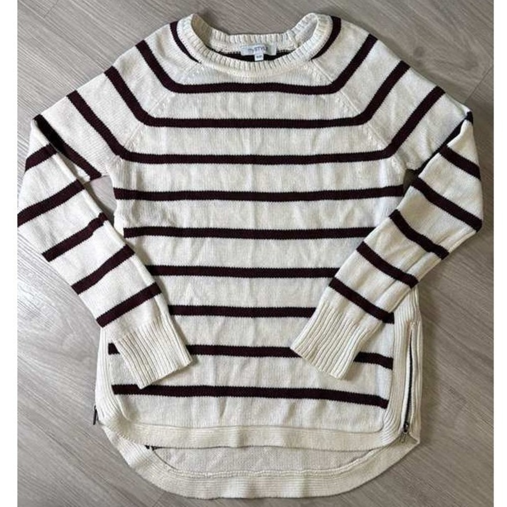 mySTYLE Striped Sweater Womens Small S Side Zip Cream Burgundy Pullover